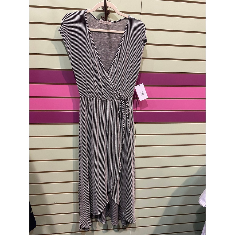 Free Market by Flying Tomato Black White Stripe faux Wrap Midi Dress Womens Med